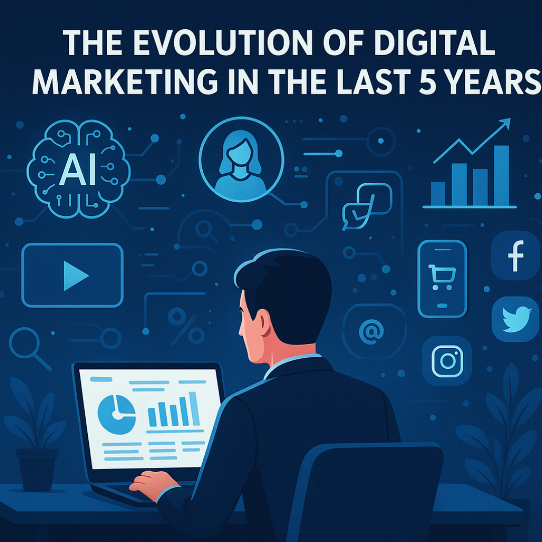 Illustration showing the evolution of digital marketing, with icons representing AI, video content, social media platforms, analytics, e-commerce, and personalization on a futuristic blue background.