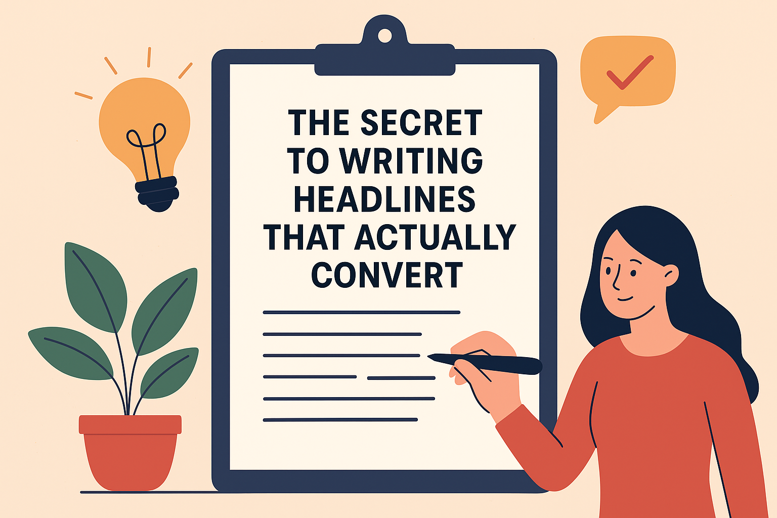 Illustration of a woman writing on a large clipboard with the text ‘The Secret to Writing Headlines That Actually Convert,’ surrounded by a lightbulb, plant, and checkmark symbol.