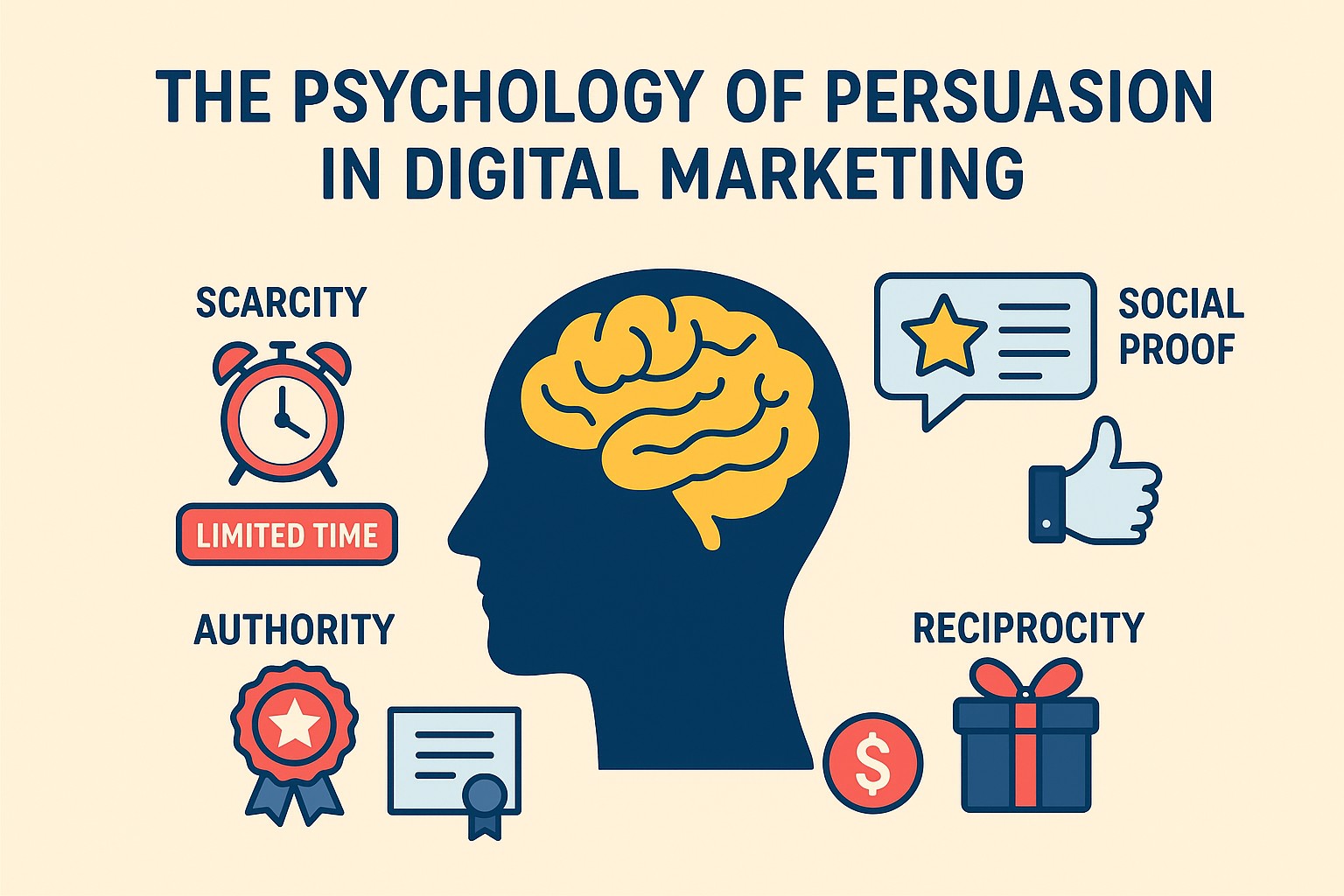 Infographic illustrating the psychology of persuasion in digital marketing, featuring icons for scarcity, social proof, authority, and reciprocity inside a human head silhouette.
