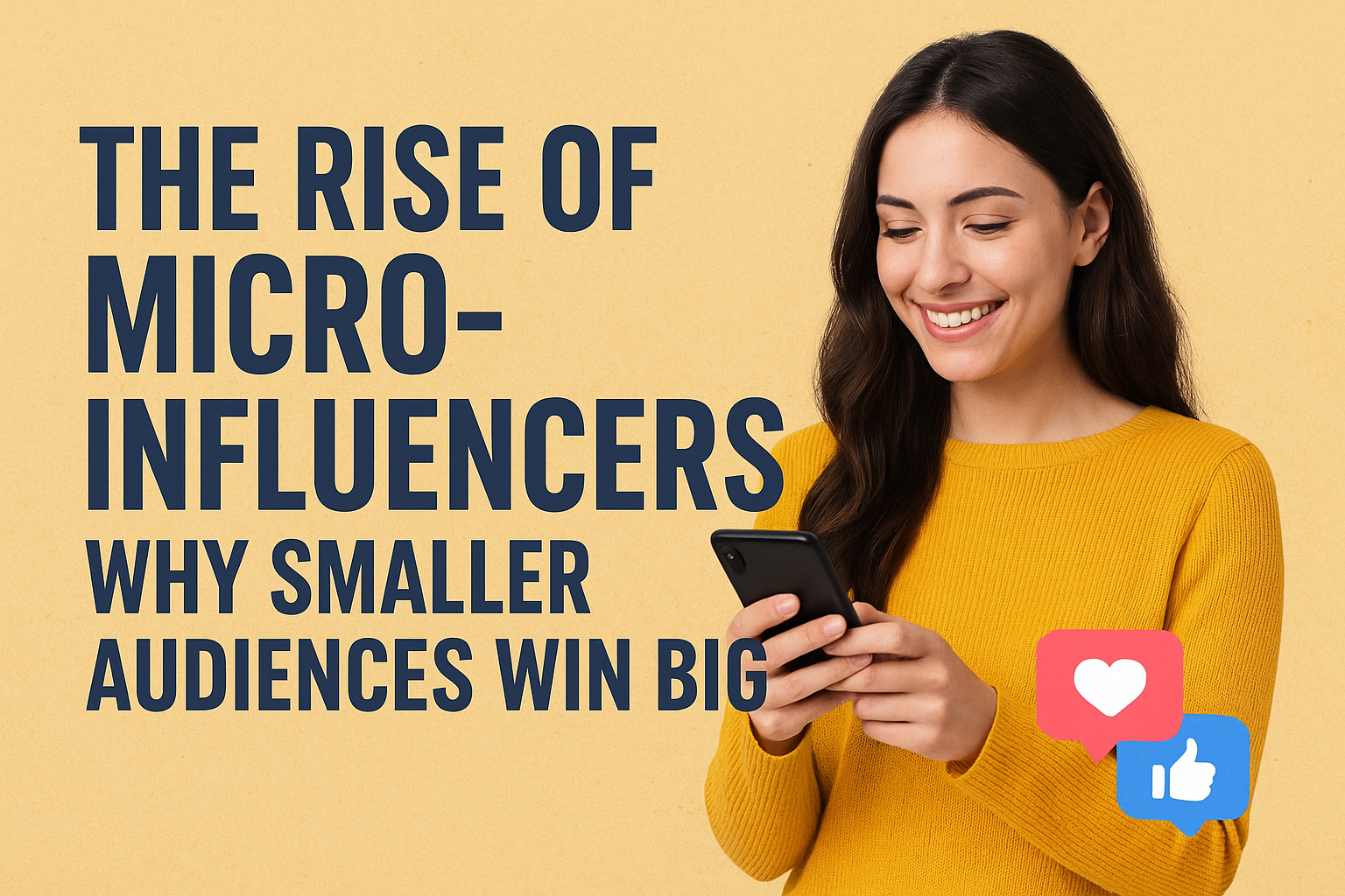 Smiling young woman in a yellow sweater using her smartphone with text overlay that reads 'The Rise of Micro-Influencers: Why Smaller Audiences Win Big' and social media like and heart icons on a beige background.