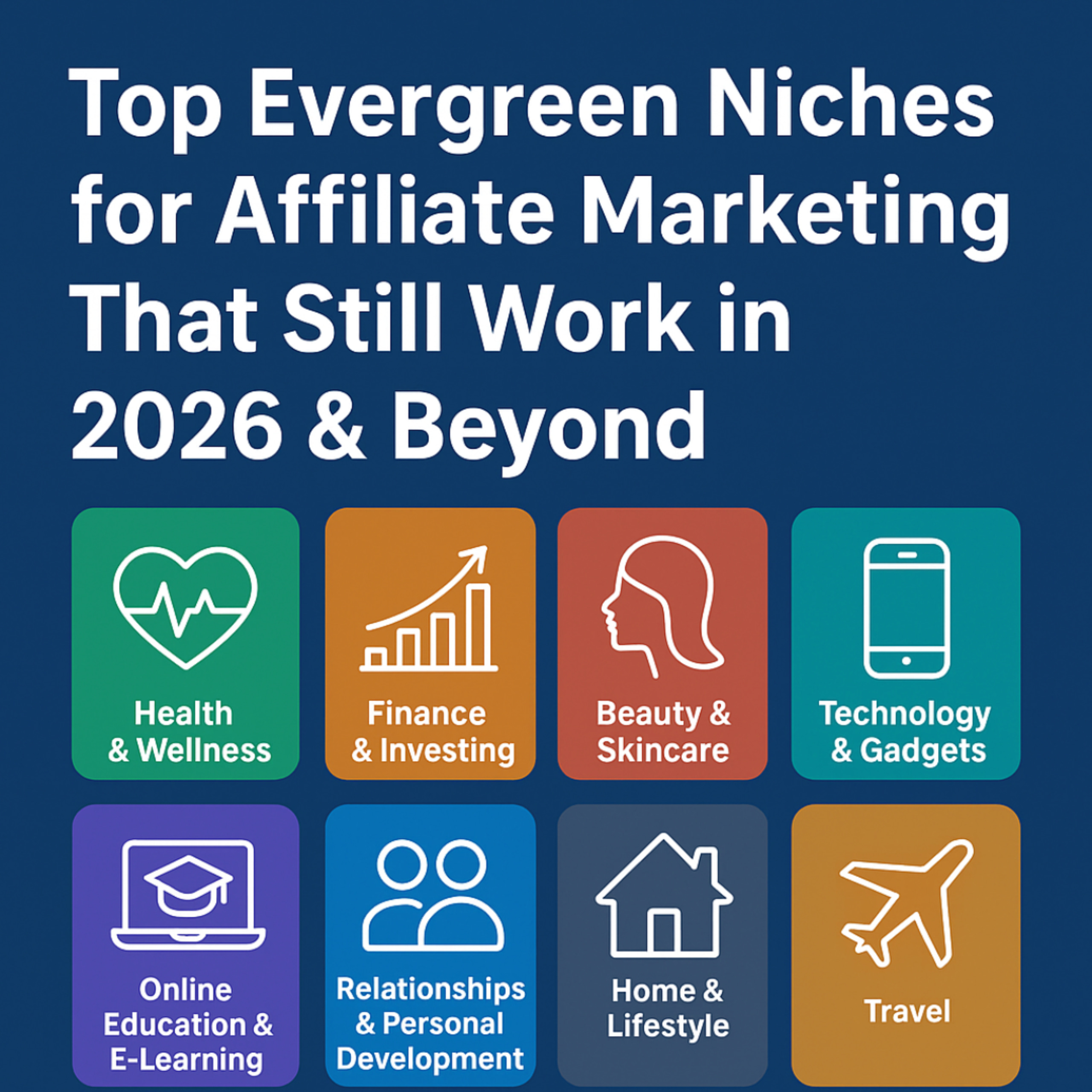 A square infographic titled ‘Top Evergreen Niches for Affiliate Marketing That Still Work in 2026 & Beyond,’ featuring icons and labels for Health & Wellness, Finance & Investing, Beauty & Skincare, Technology & Gadgets, Online Education, Relationships & Personal Development, Home & Lifestyle, and Travel on a blue background.